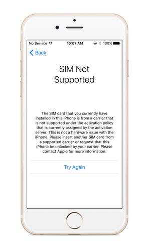 Pantalla de iPhone mostrando el mensaje SIM Not Supported