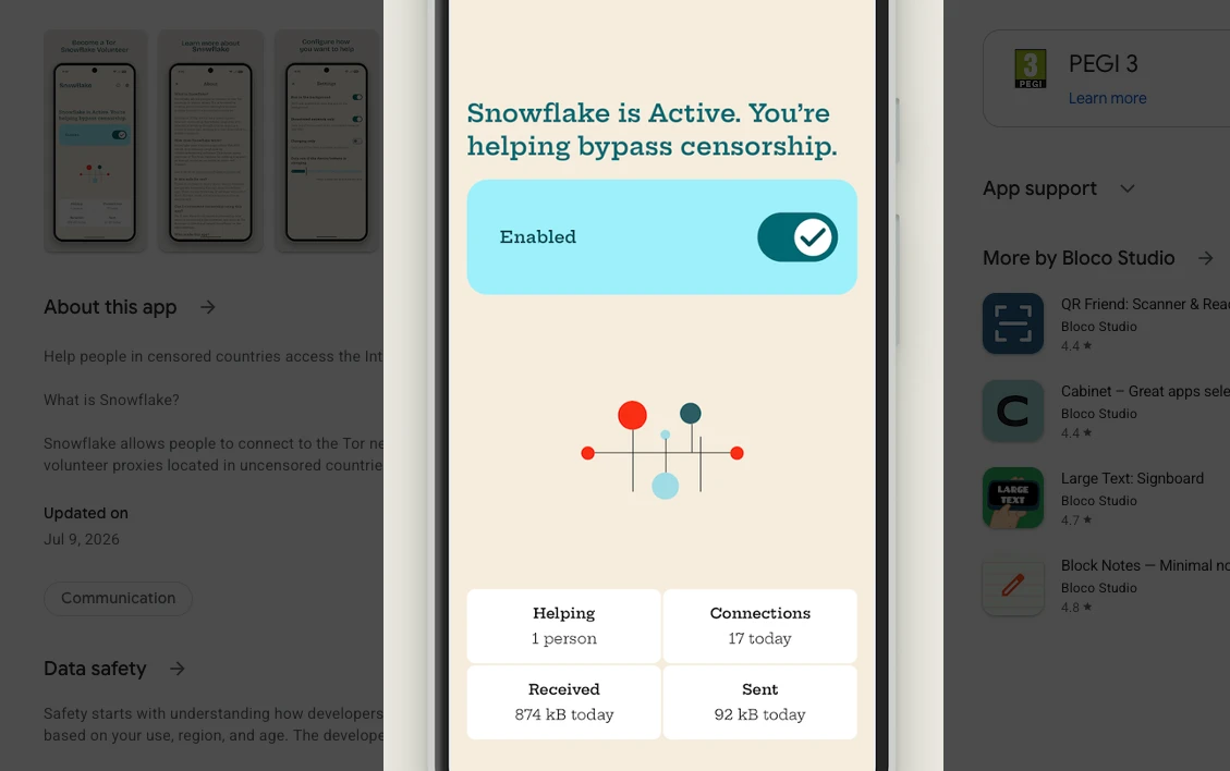 Snowflake Volunteer activo en Android mostrando conexiones y tráfico ayudado
