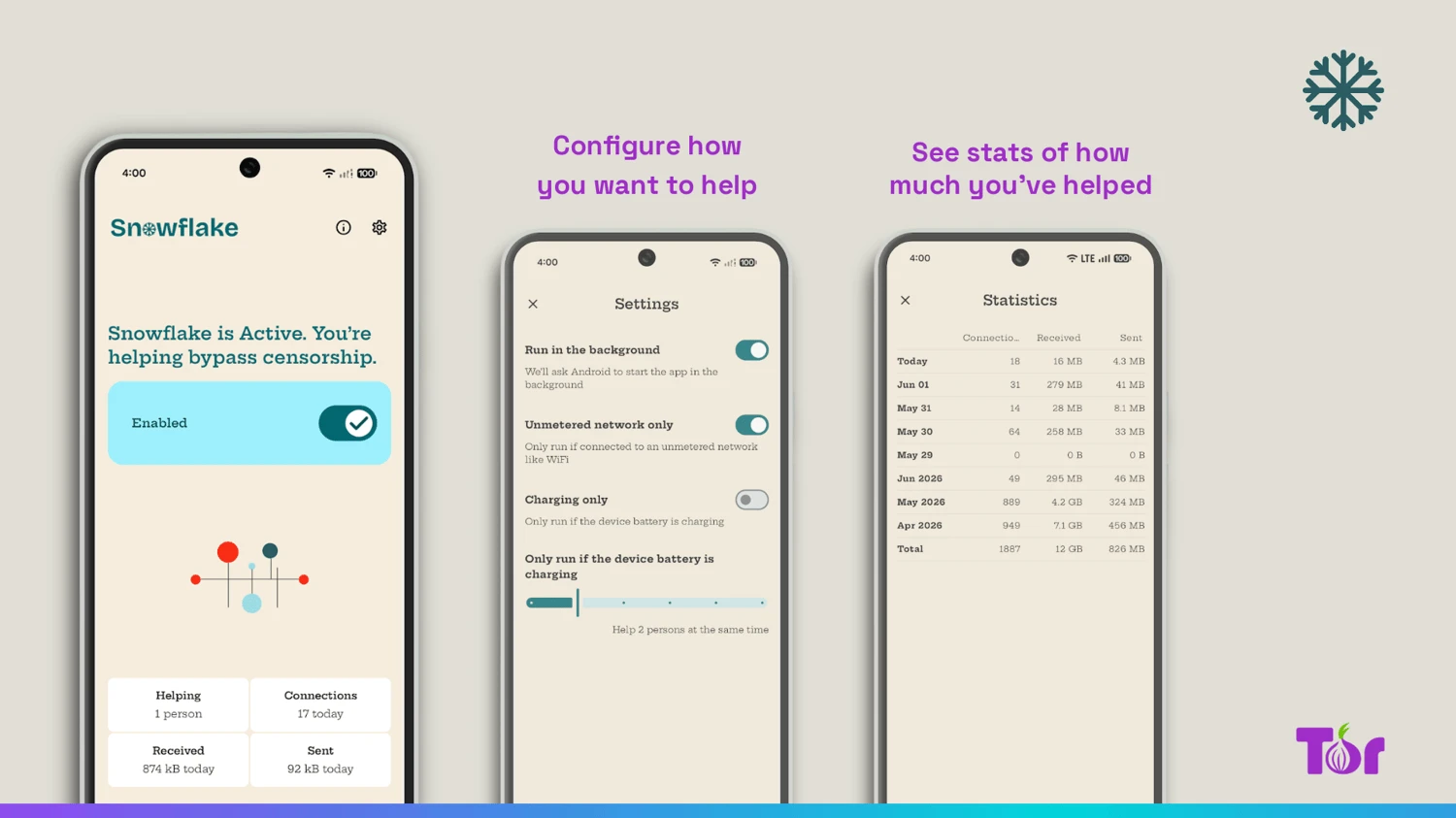 Opciones y estadísticas de Snowflake Volunteer en Android