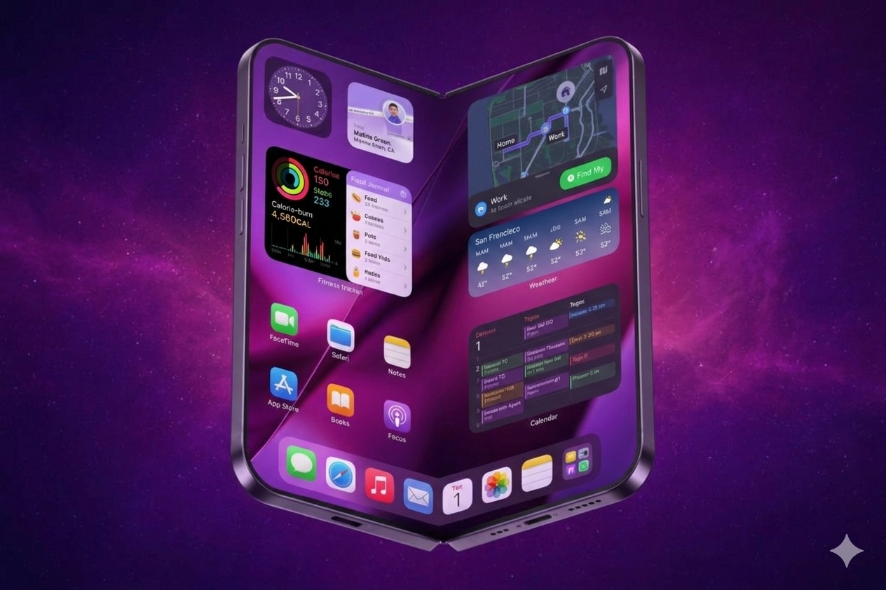 Ilustración del primer iPhone plegable abierto, con la zona central de la pantalla sin marca visible