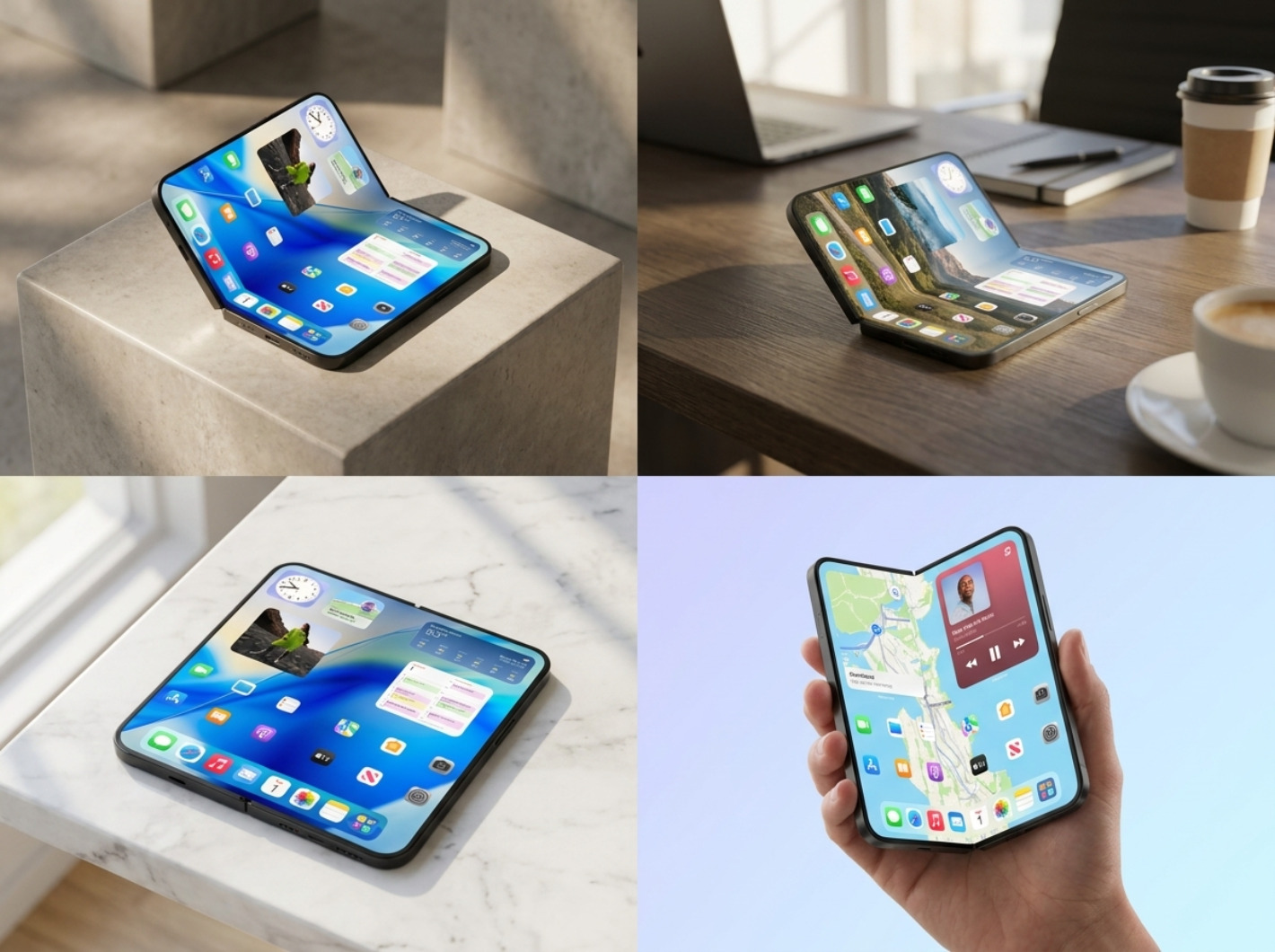 Ilustración del iPhone plegable parcialmente doblado, mostrando la zona de la bisagra
